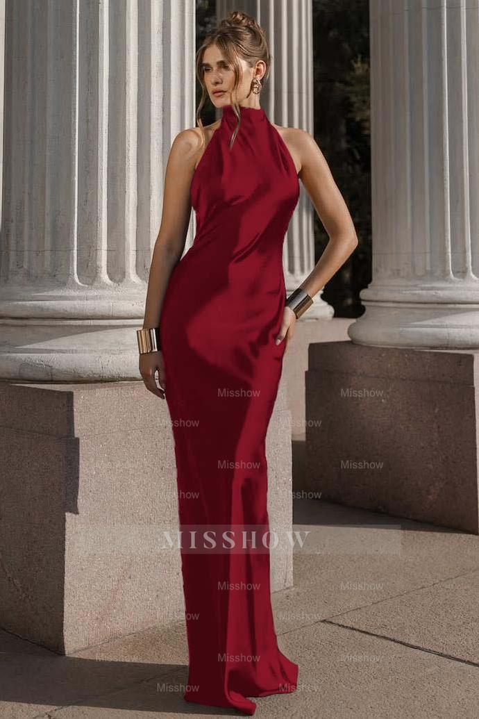 Black Halter Sleeveless Backless Mermaid Satin Sash Floor Length Formal Evening Gown