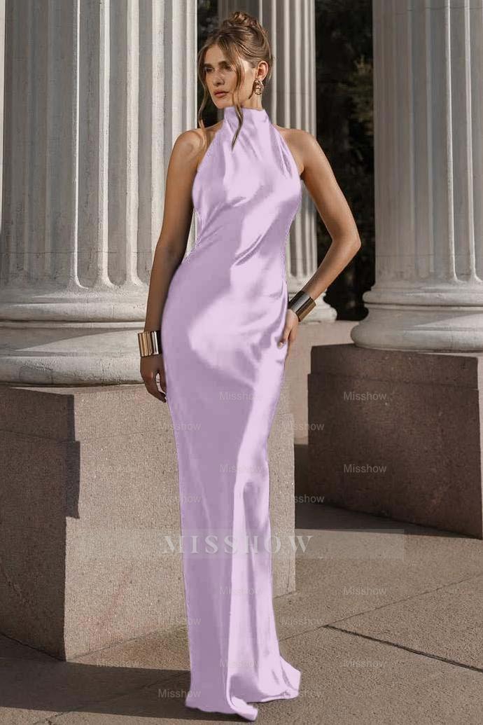 Black Halter Sleeveless Backless Mermaid Satin Sash Floor Length Formal Evening Gown
