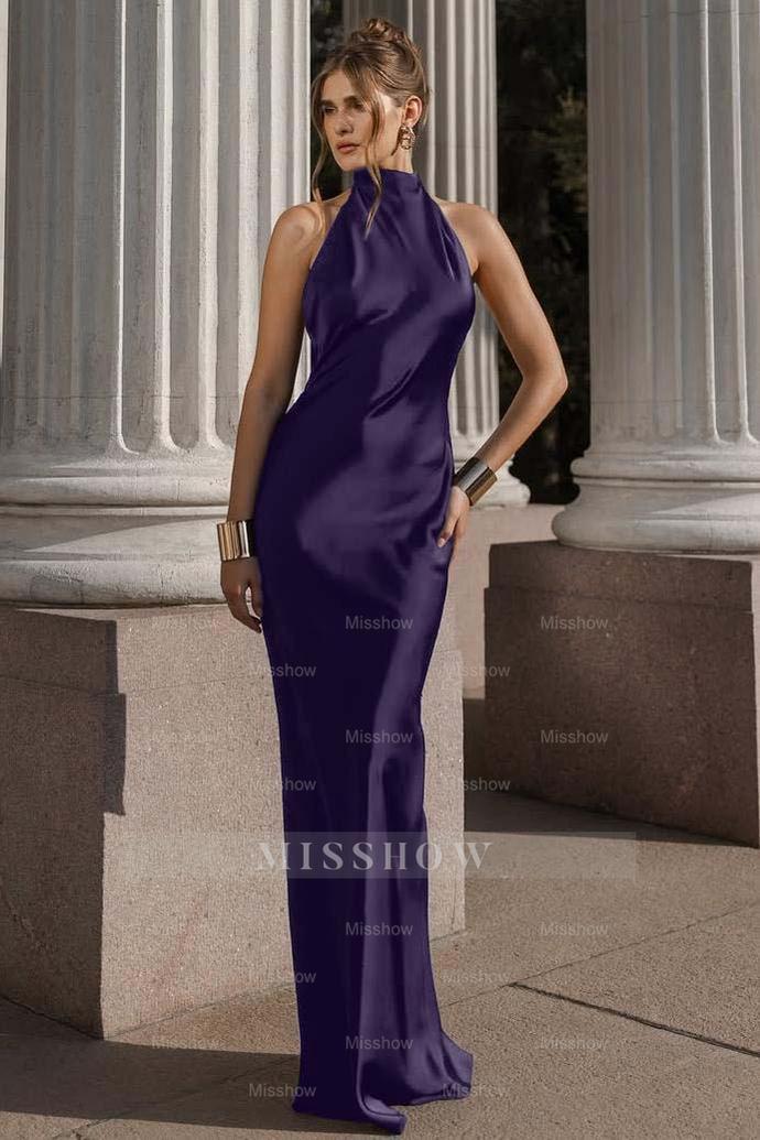 Black Halter Sleeveless Backless Mermaid Satin Sash Floor Length Formal Evening Gown
