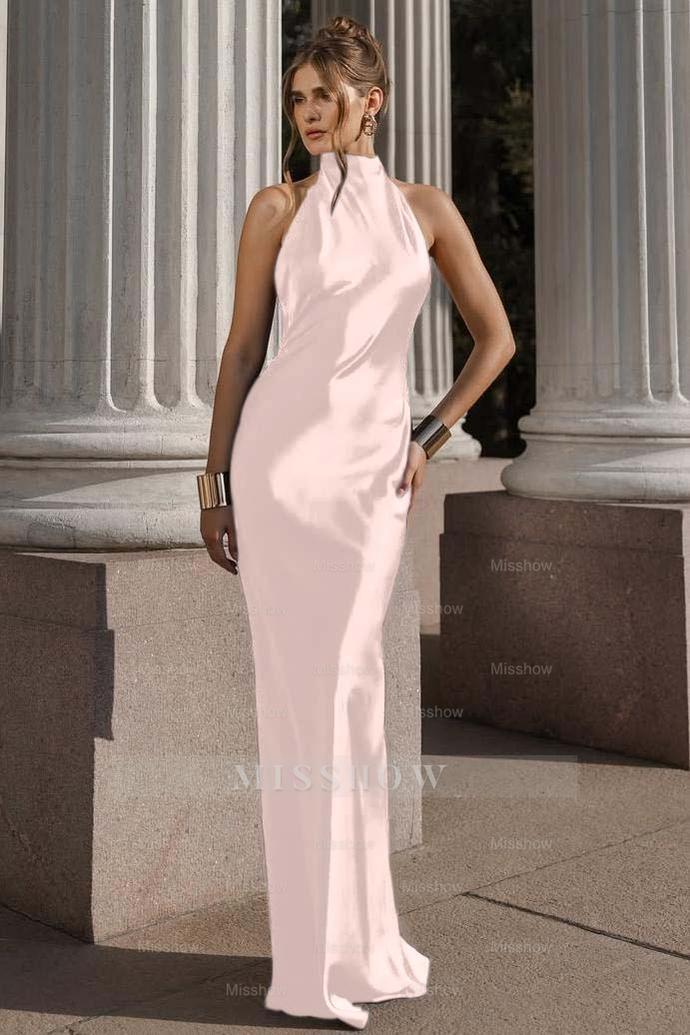 Black Halter Sleeveless Backless Mermaid Satin Sash Floor Length Formal Evening Gown