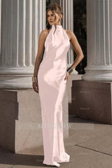 Black Halter Sleeveless Backless Mermaid Satin Sash Floor Length Formal Evening Gown