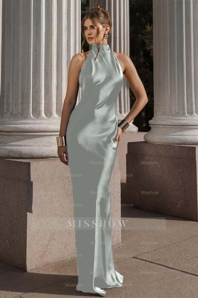 Black Halter Sleeveless Backless Mermaid Satin Sash Floor Length Formal Evening Gown