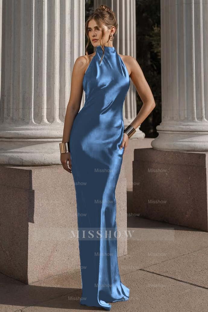 Black Halter Sleeveless Backless Mermaid Satin Sash Floor Length Formal Evening Gown
