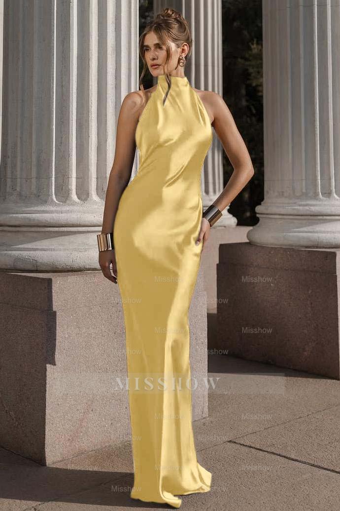 Black Halter Sleeveless Backless Mermaid Satin Sash Floor Length Formal Evening Gown