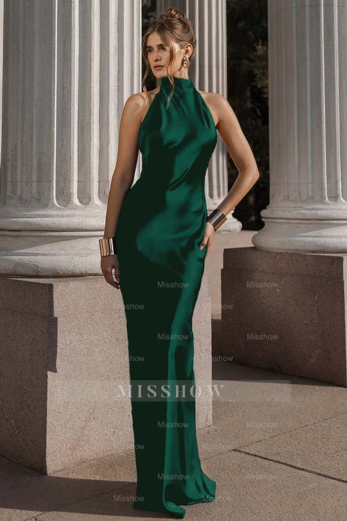Black Halter Sleeveless Backless Mermaid Satin Sash Floor Length Formal Evening Gown