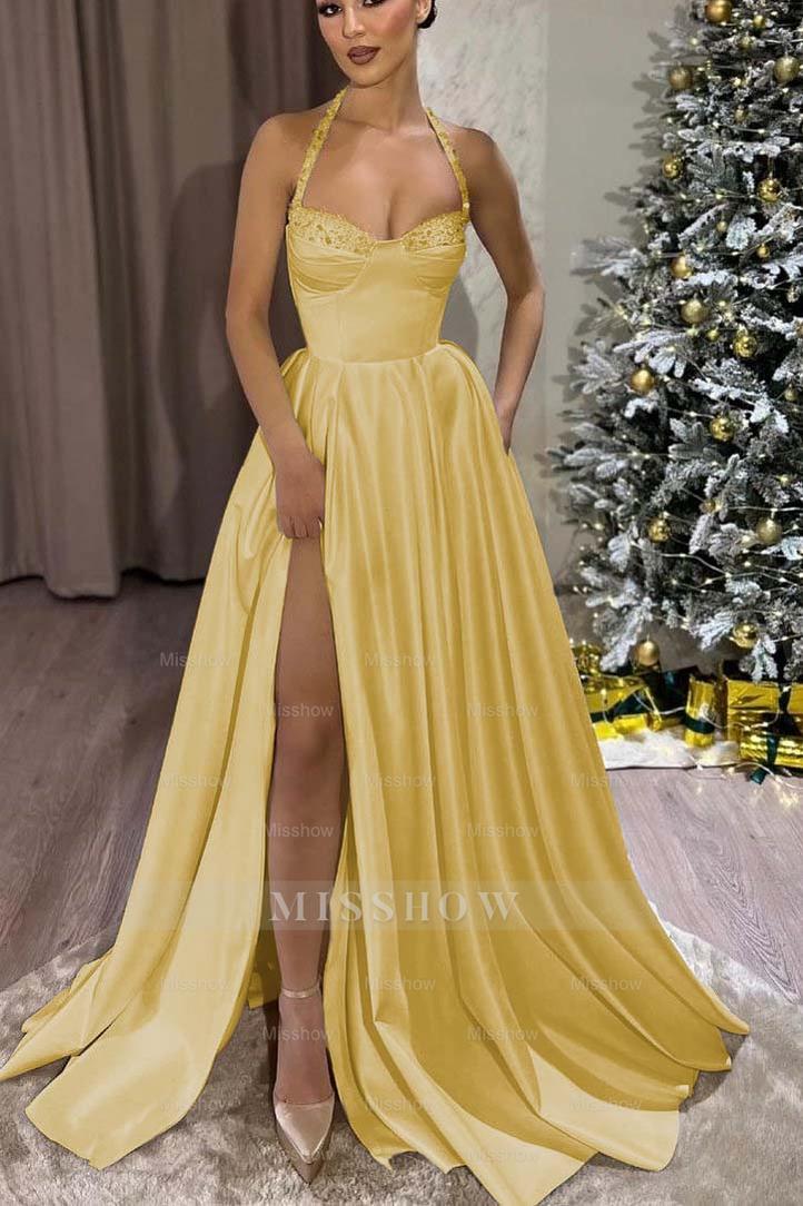 Black Halter Sweetheart Sleeveless A-Line Satin Lace Trim Floor Length Formal Dress