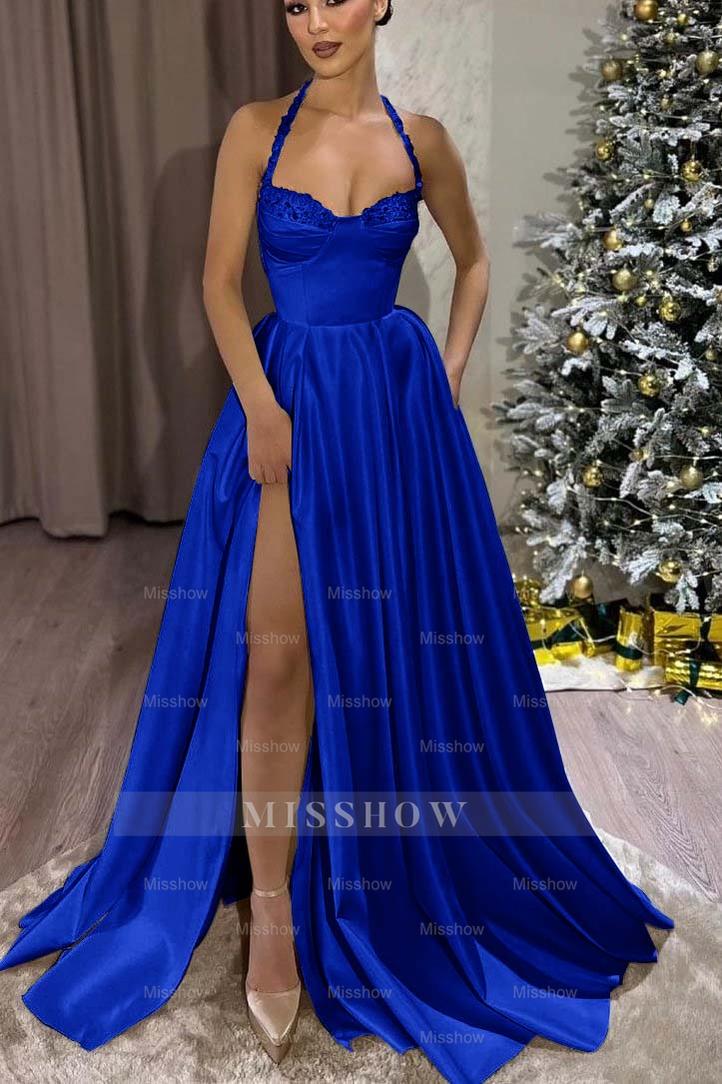 Black Halter Sweetheart Sleeveless A-Line Satin Lace Trim Floor Length Formal Dress