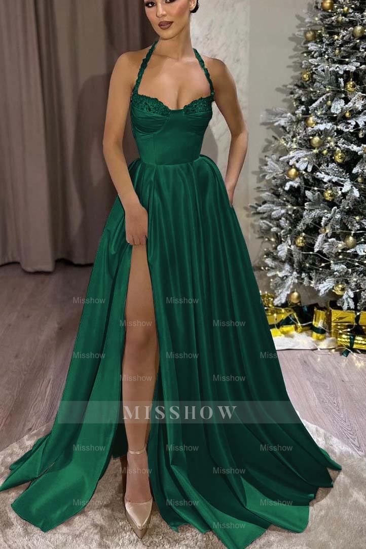 Black Halter Sweetheart Sleeveless A-Line Satin Lace Trim Floor Length Formal Dress