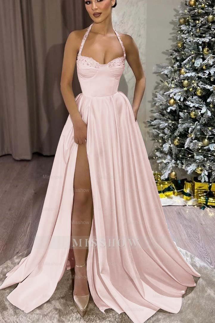 Black Halter Sweetheart Sleeveless A-Line Satin Lace Trim Floor Length Formal Dress