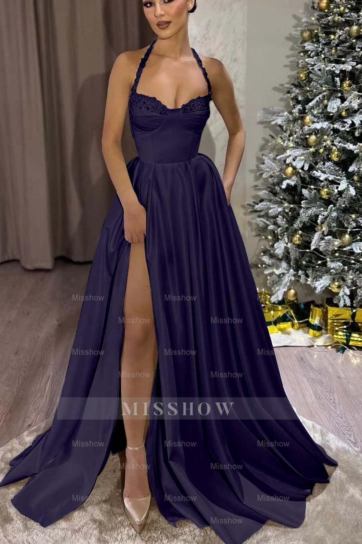 Black Halter Sweetheart Sleeveless A-Line Satin Lace Trim Floor Length Formal Dress