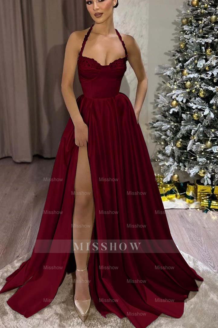 Black Halter Sweetheart Sleeveless A-Line Satin Lace Trim Floor Length Formal Dress