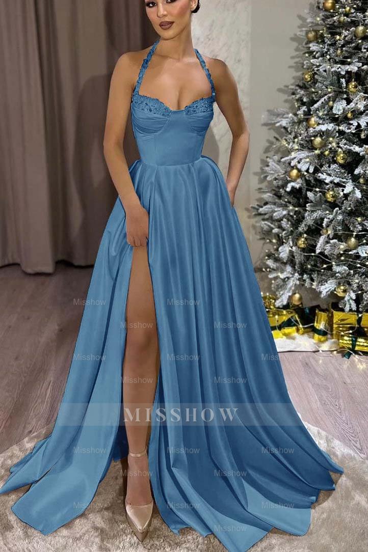 Black Halter Sweetheart Sleeveless A-Line Satin Lace Trim Floor Length Formal Dress
