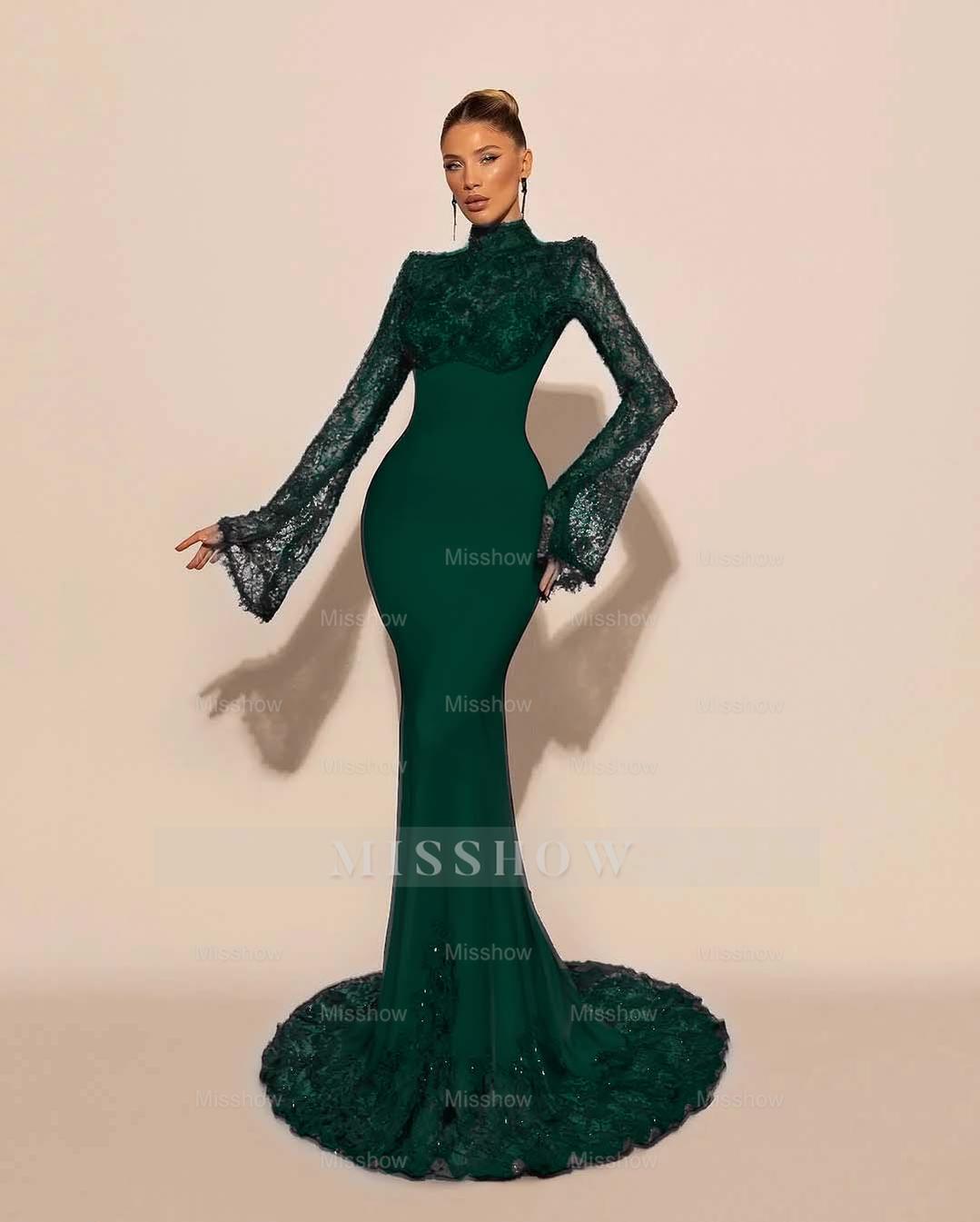 Black High Neck Lace Long Sleeves Mermaid Appliques Floor Length Formal Evening Dress