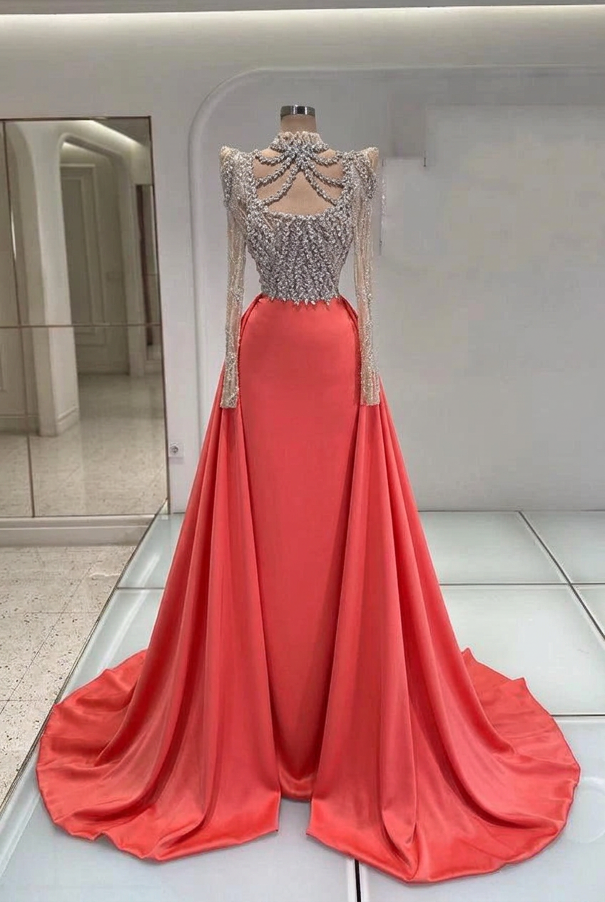 Coral high neck rhinestone mermaid evening dress