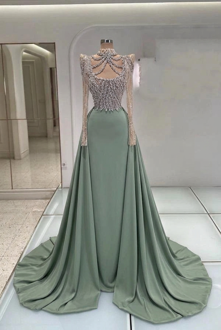Dusty sage high neck rhinestone mermaid evening dress