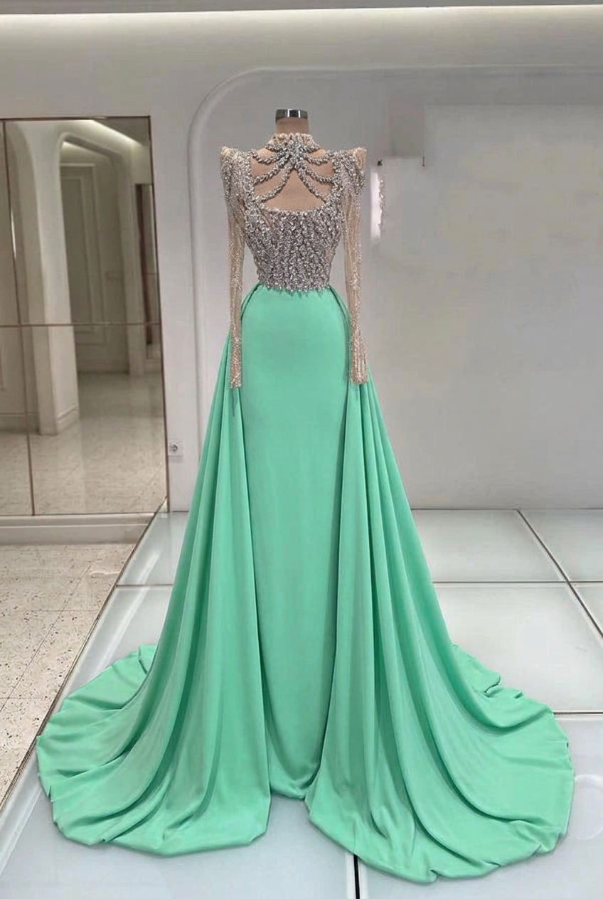 Mint green high neck rhinestone mermaid evening dress