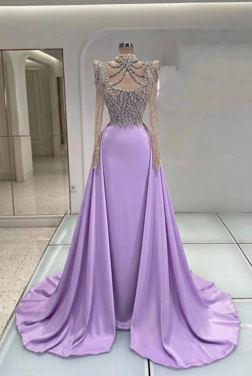 Lavender high neck rhinestone mermaid evening dress