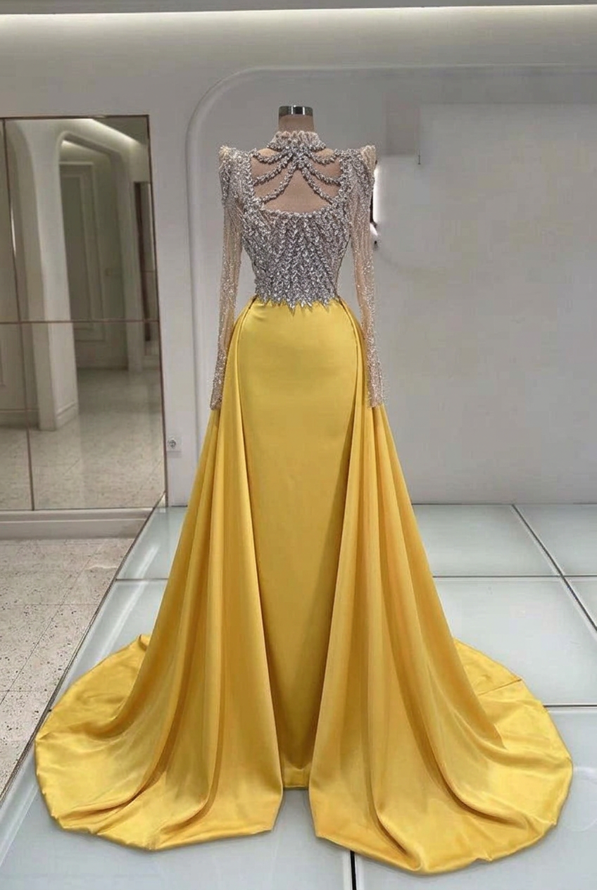 Yellow high neck rhinestone mermaid evening dress