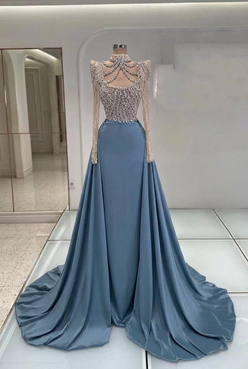 Dusty blue high neck rhinestone mermaid evening dress