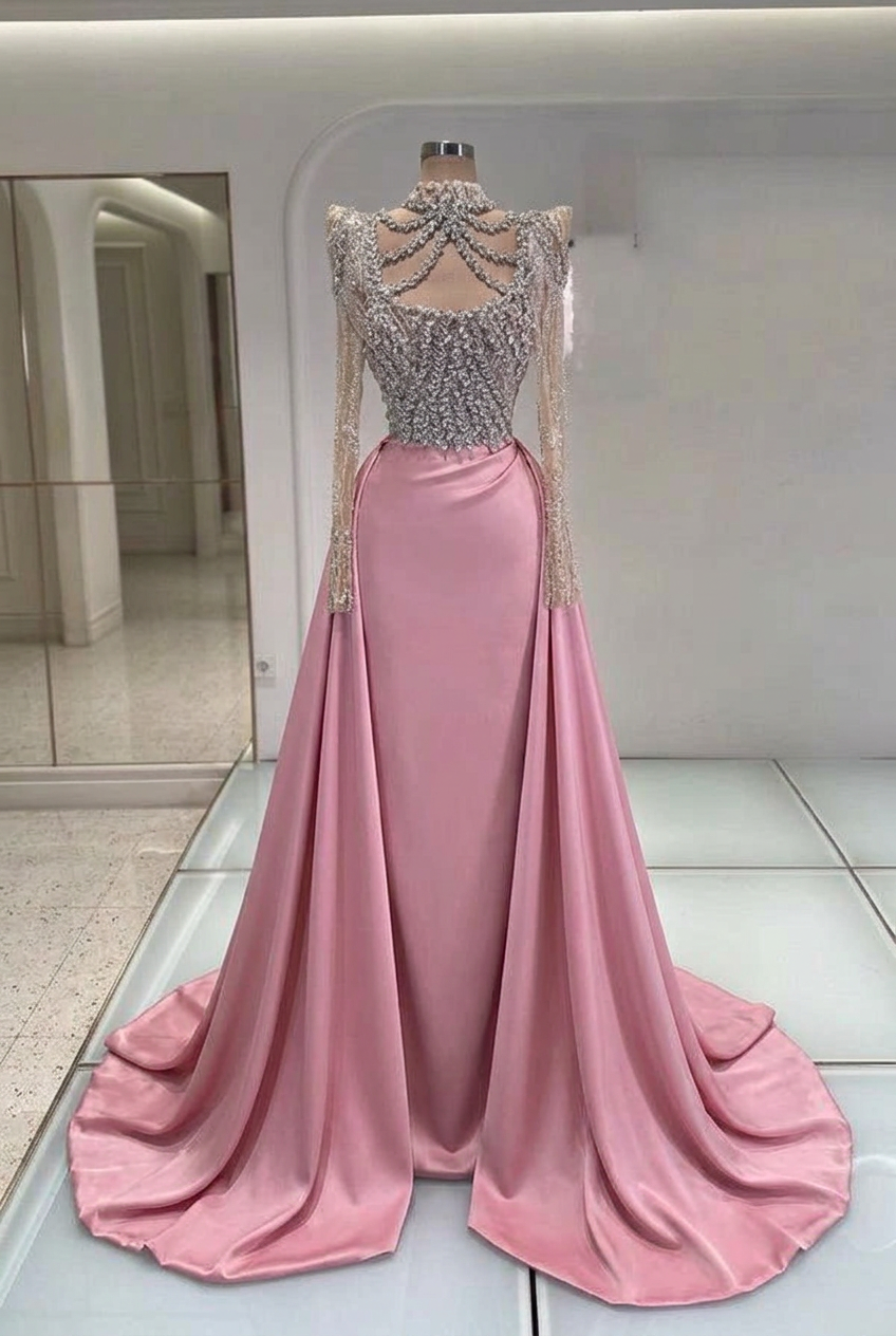 Candy pink high neck rhinestone mermaid evening dress