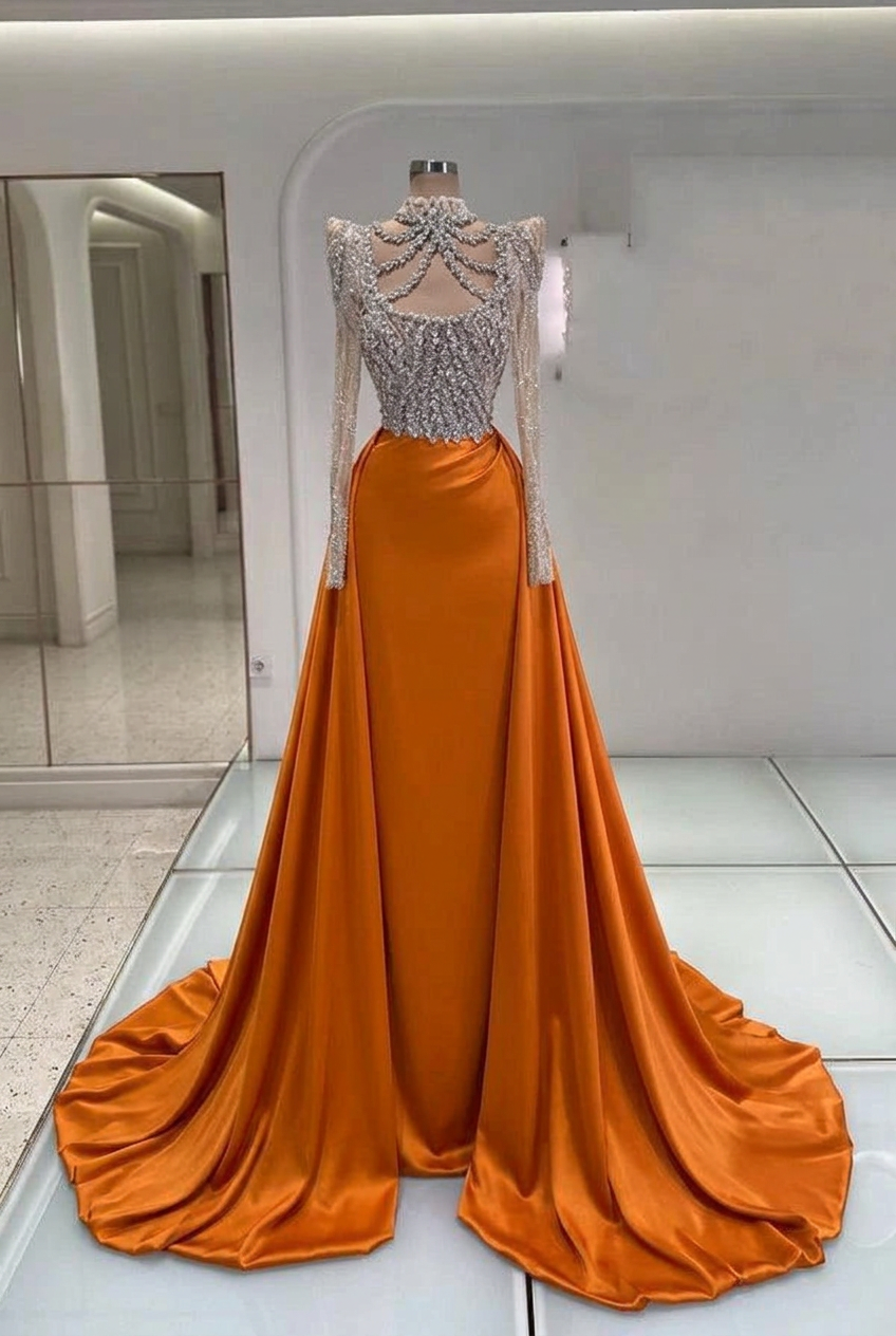 Orange high neck rhinestone mermaid evening dress