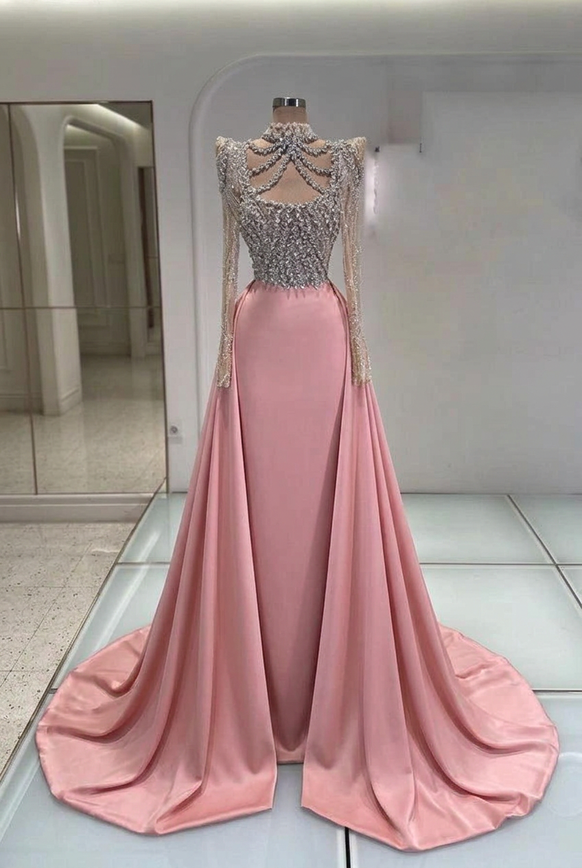 Blushing pink high neck rhinestone mermaid evening dress