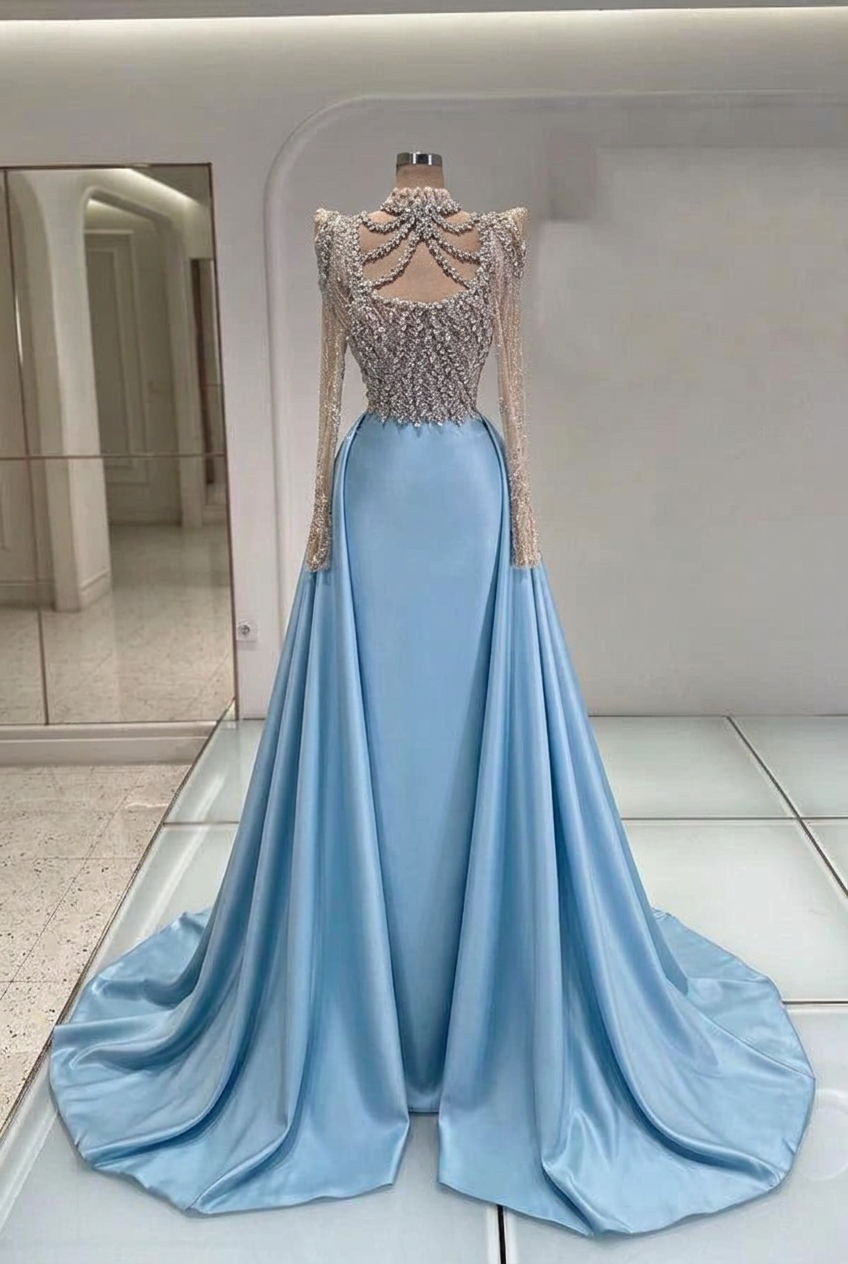 Light blue high neck rhinestone mermaid evening dress