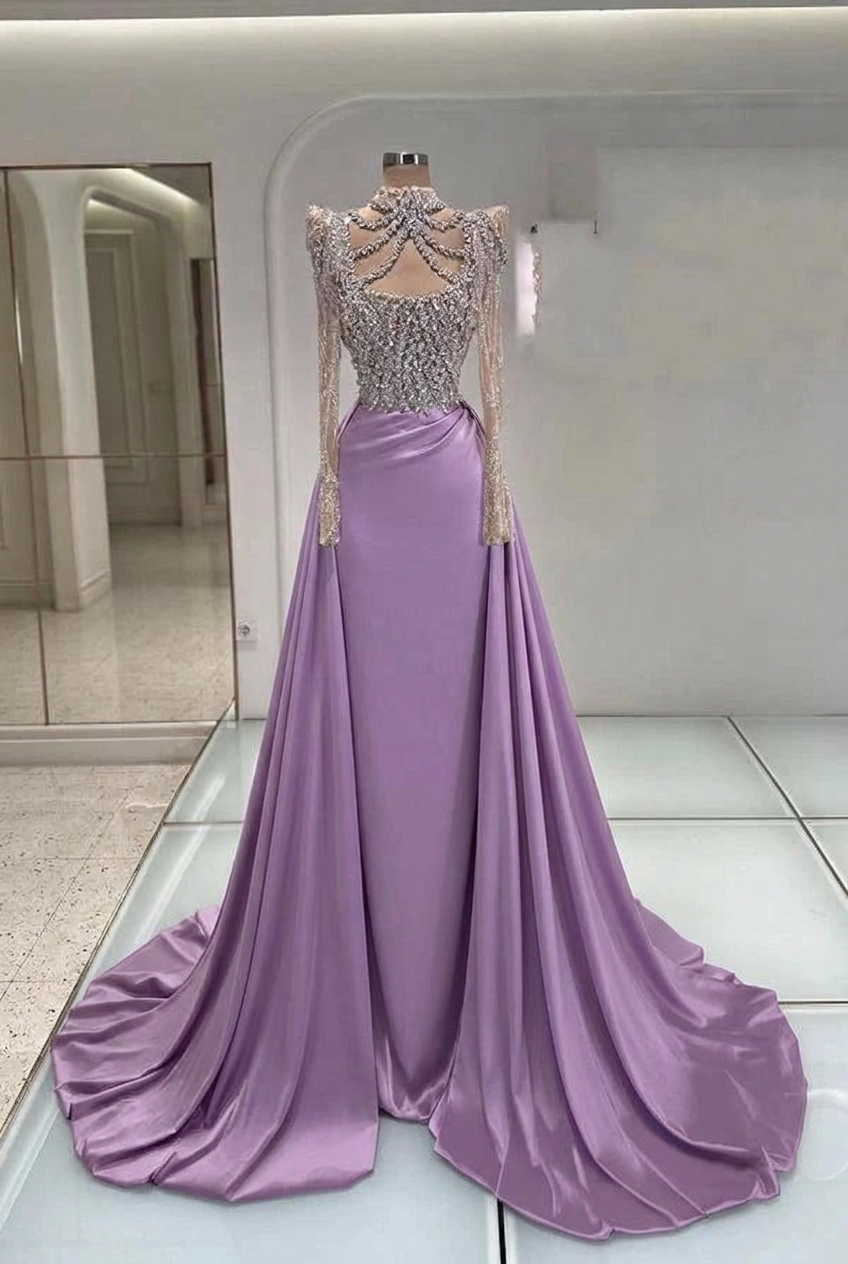 Lilac high neck rhinestone mermaid evening dress