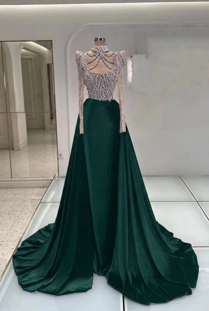 Dark green high neck rhinestone mermaid evening dress