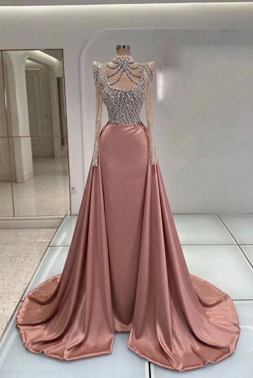 Dusty rose high neck rhinestone mermaid evening dress
