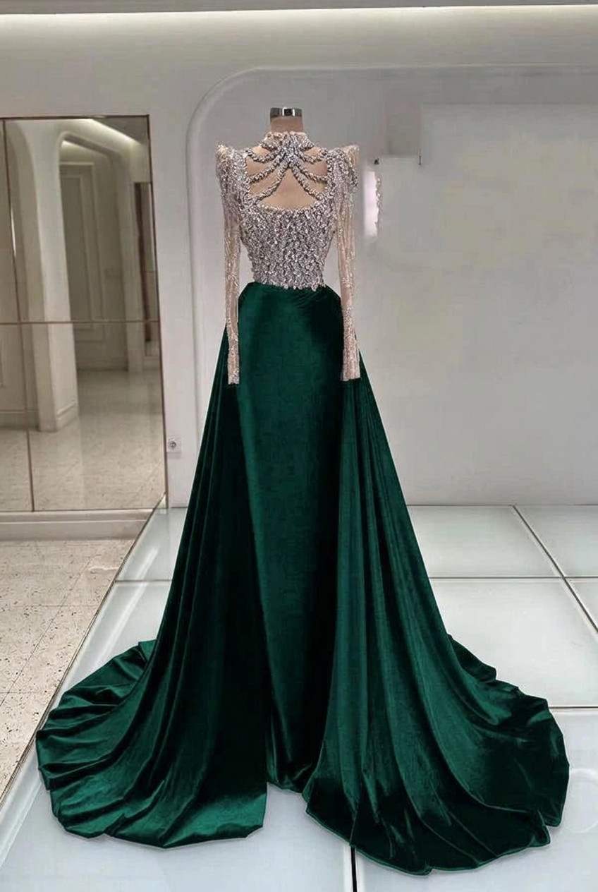 Emerald green high neck rhinestone mermaid evening dress