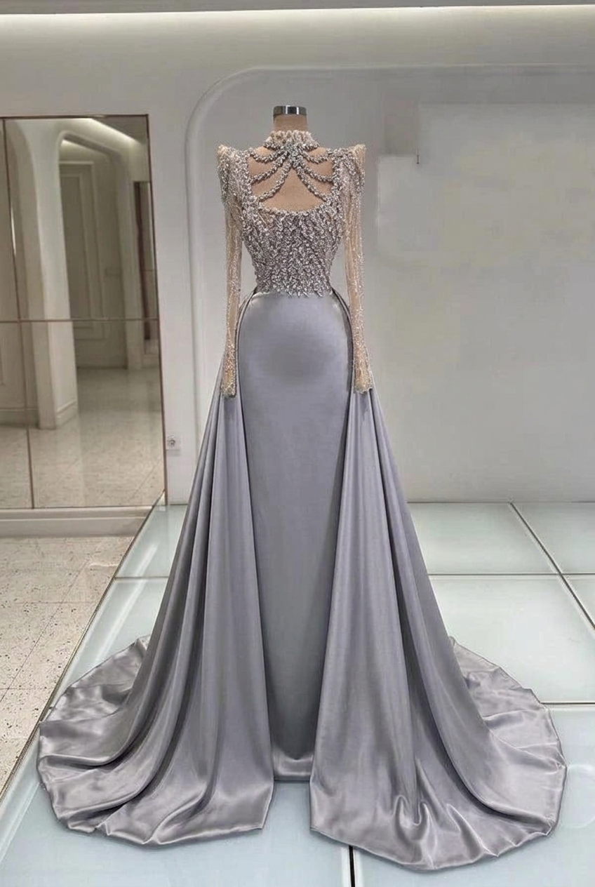 Silver high neck rhinestone mermaid evening dress