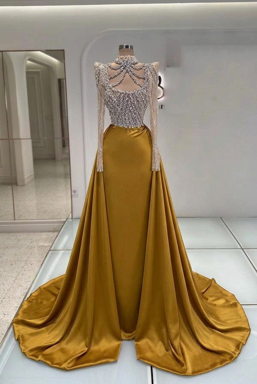 Gold high neck rhinestone mermaid evening dress