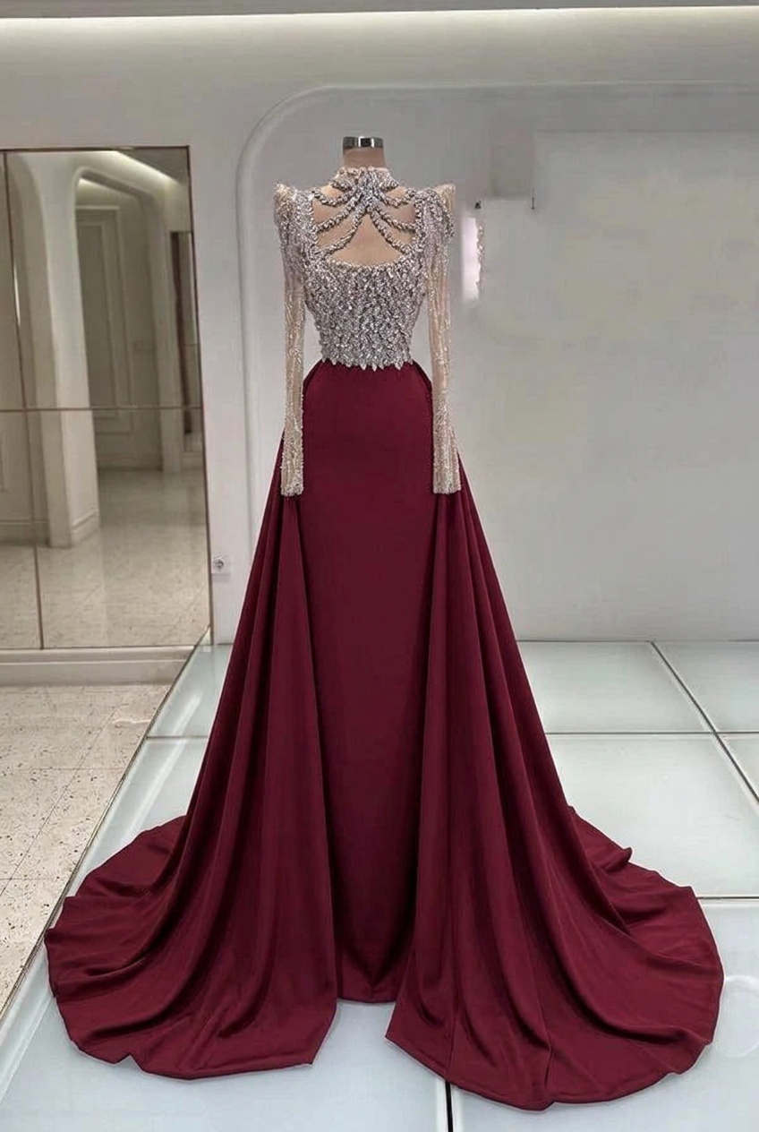 Burgundy high neck rhinestone mermaid evening dress