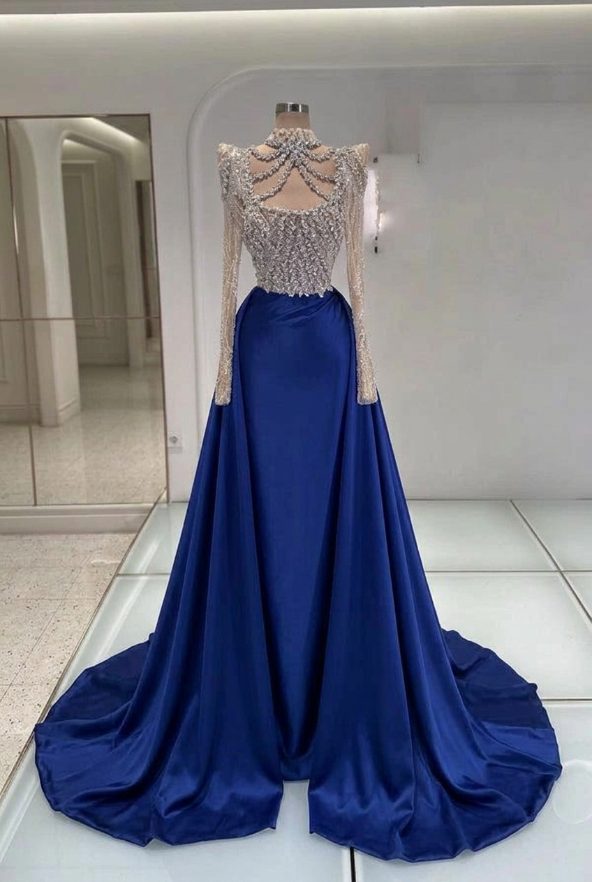 Royal blue high neck rhinestone mermaid evening dress