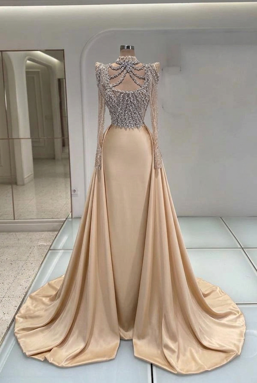 Champagne high neck rhinestone mermaid evening dress