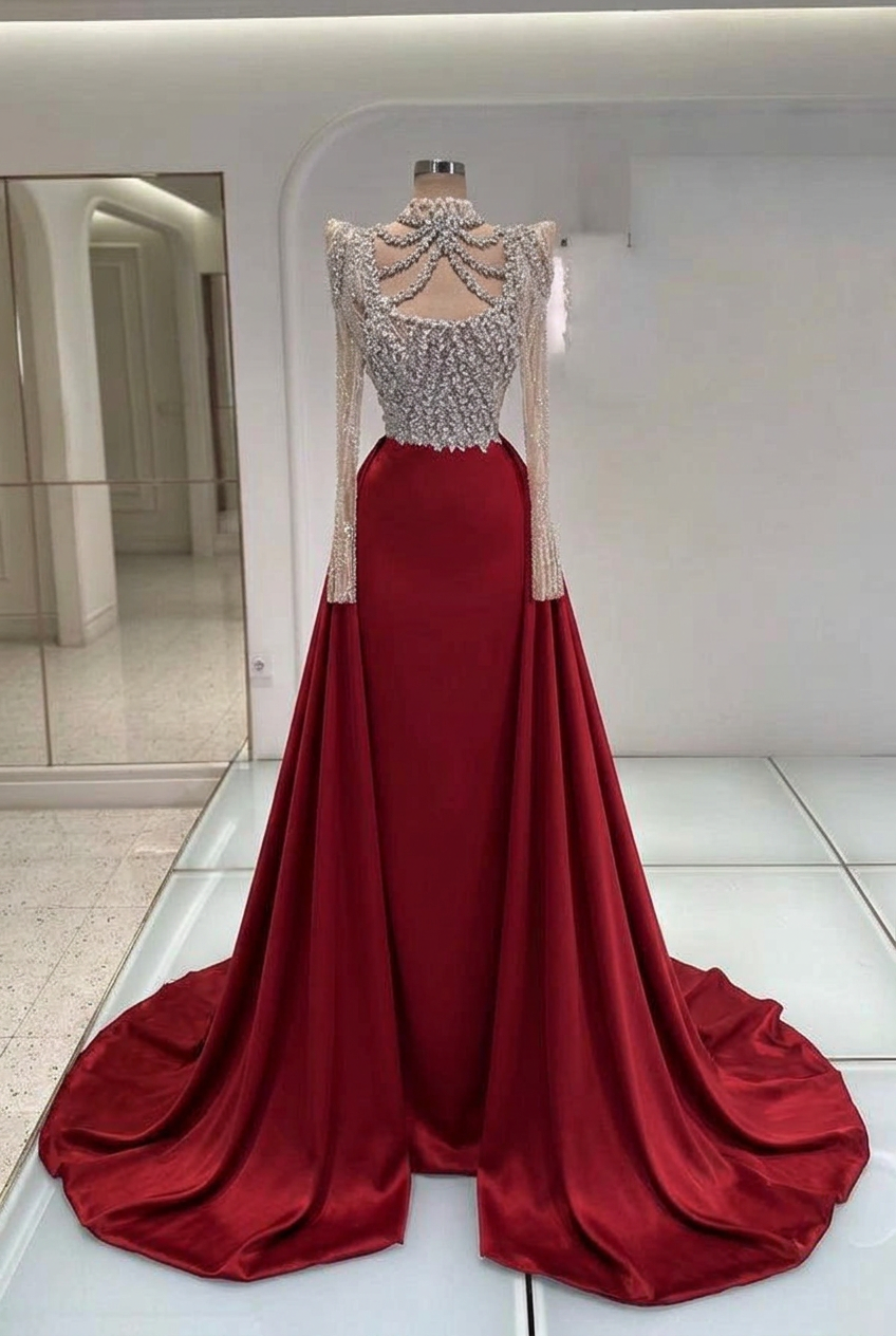 Red high neck rhinestone mermaid evening dress