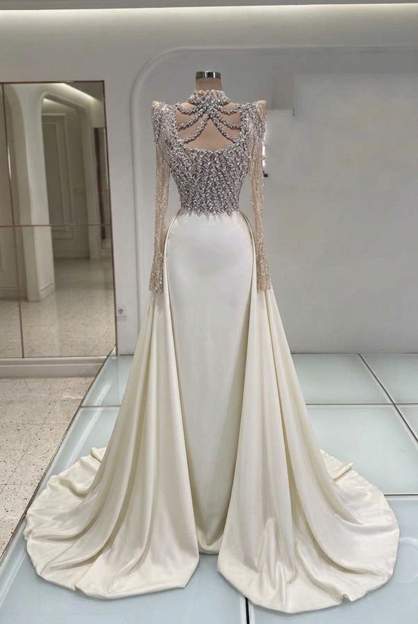 Ivory high neck rhinestone mermaid evening dress