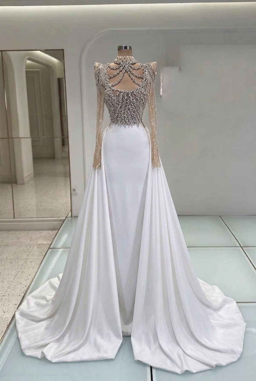 White high neck rhinestone mermaid evening dress