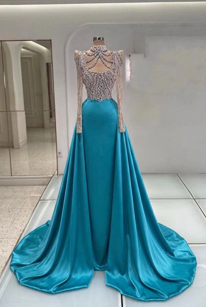 Turquoise high neck rhinestone mermaid evening dress