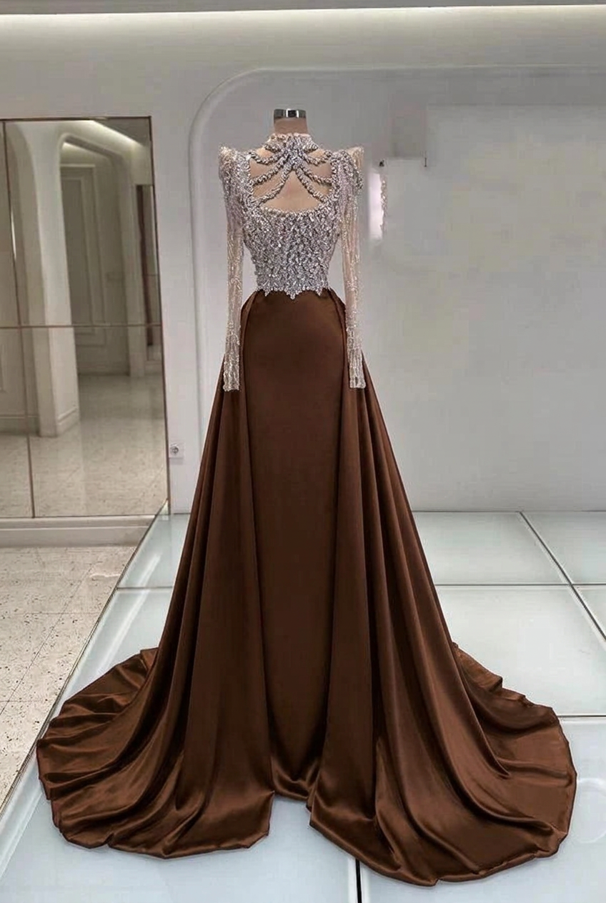Chocolate high neck rhinestone mermaid evening dress