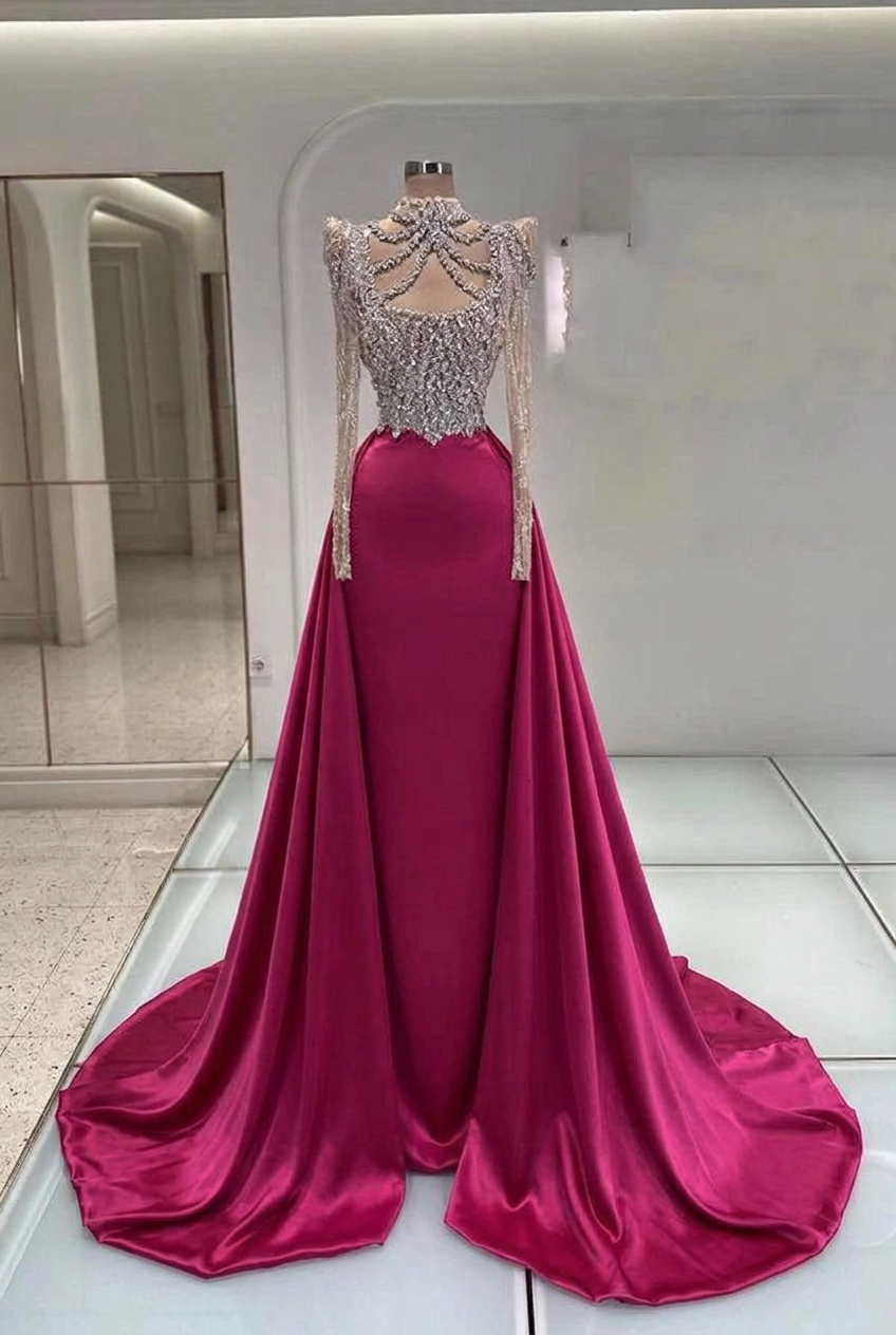 Fuchsia high neck rhinestone mermaid evening dress