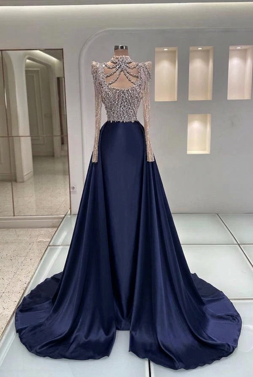 Dark navy high neck rhinestone mermaid evening dress