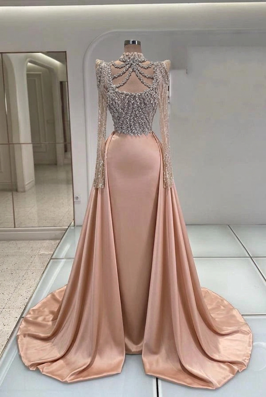 Pearl pink high neck rhinestone mermaid evening dress