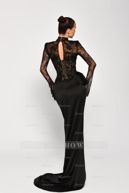 Black High Neck Long Sleeve Lace Applique Mermaid Floor Length Formal Evening Dress