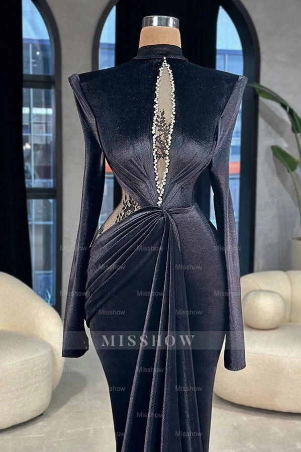 Black High Neck Long Sleeve Mermaid Satin Appliques Rhinestone Floor Length Evening Dress