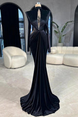Black High Neck Long Sleeve Mermaid Satin Appliques Rhinestone Floor Length Evening Dress
