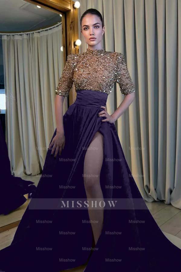 Black High Neck Short Sleeve Sequined A-line Satin High Slit Floor Formal Evening Gown