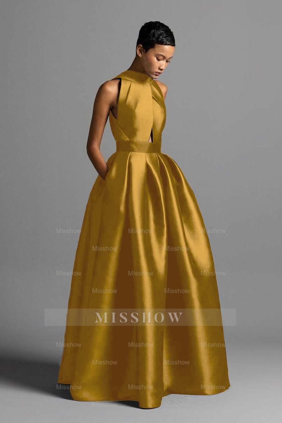 Black High Neck Sleeveless Cutout Satin A-Line Pocket Floor Length Formal Evening Dress