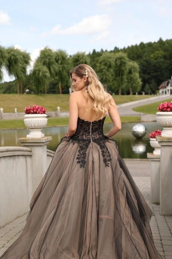 Black Illusion High Neck Sweetheart Black Lace Floral Corset Champagne Nude Tulle Ball Gown Wedding Dress Chapel Train